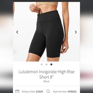 Lululemon Invigorate High Rise Shorts 8"